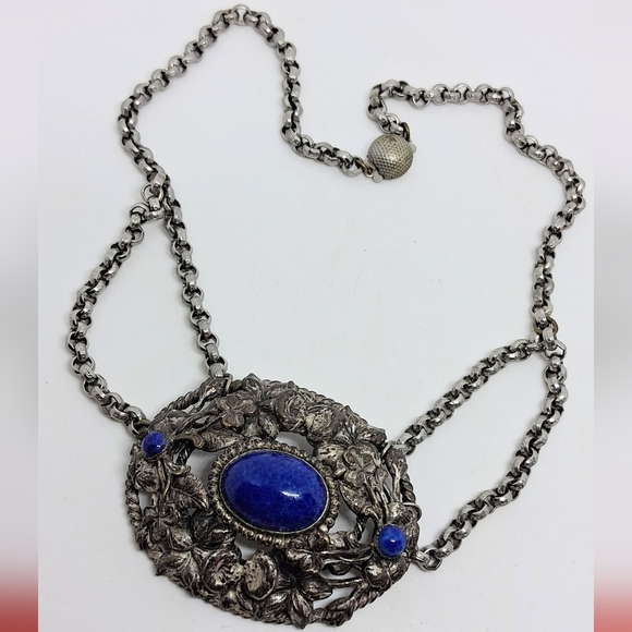 * Vintage Antique Art Deco Czech Faux Lapis Art Glass Choker Necklace